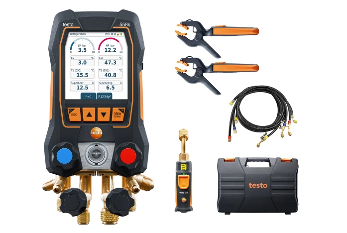 testo 558s Smart Vacuum Kit with filling hoses - Smart digital manifold with wireless temperature and vacuum probes and 4-hose charging set